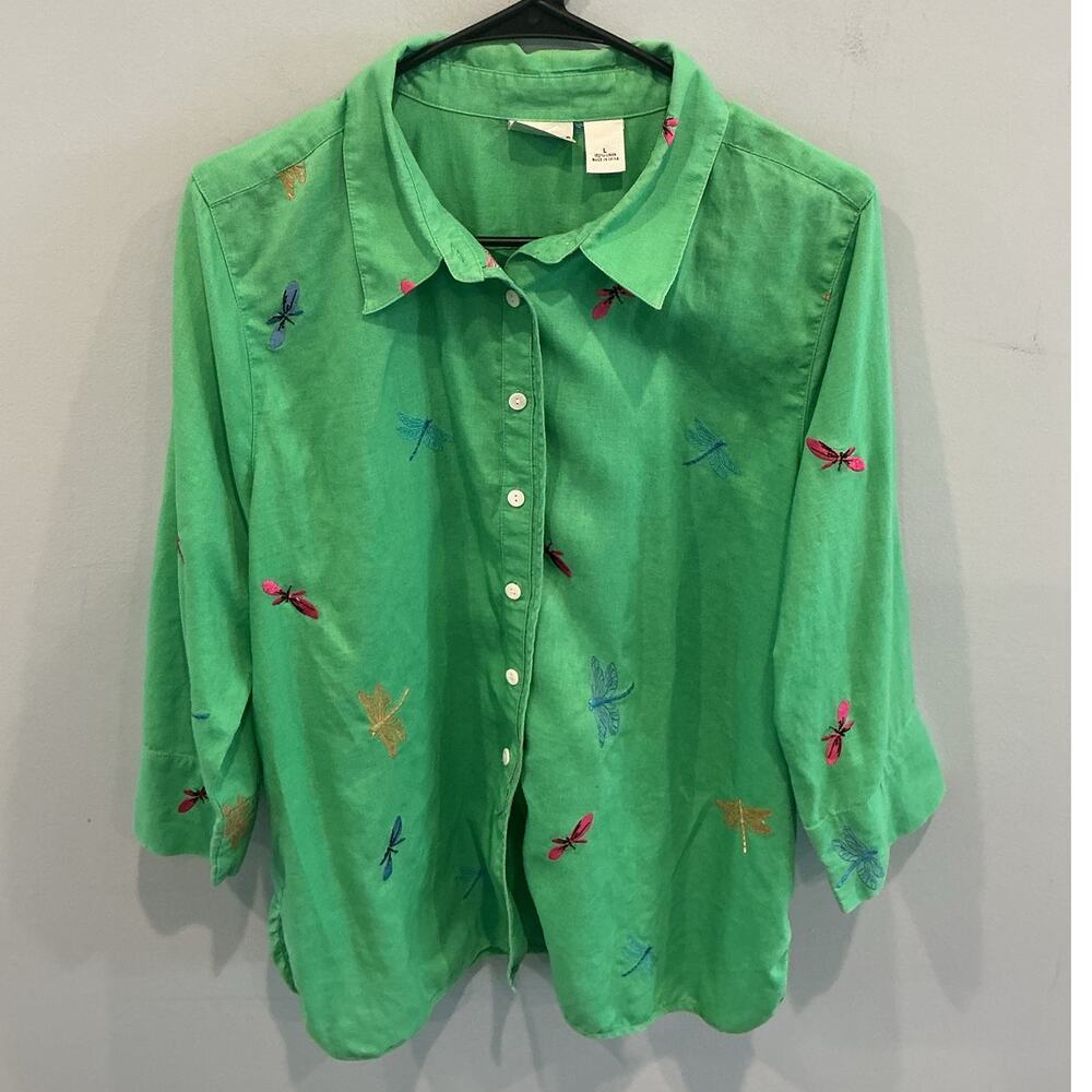 Kim‎ Rogers Womens Embroidered Dragonfly Linen Button Up Shirt Kelly Green Beach